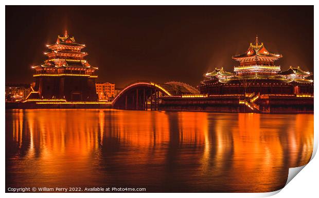 Ancient Temple Night Reflection Jinming Lake Kaifeng China Print by William Perry