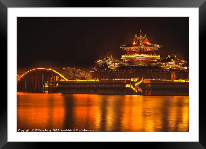 Temple Night Reflection Jinming Lake Kaifeng Henan China Framed Mounted Print by William Perry