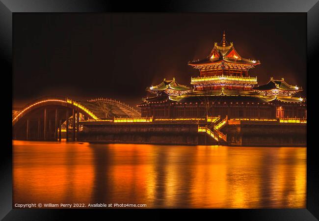 Temple Night Reflection Jinming Lake Kaifeng Henan China Framed Print by William Perry