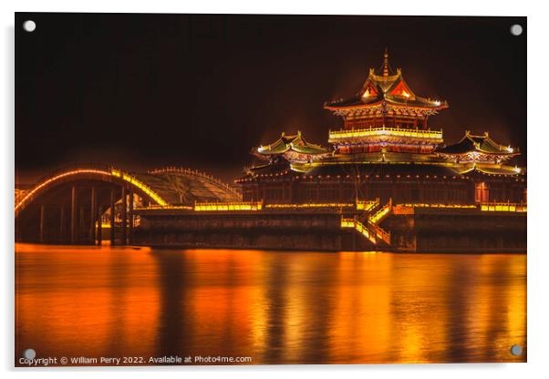 Temple Night Reflection Jinming Lake Kaifeng Henan China Acrylic by William Perry