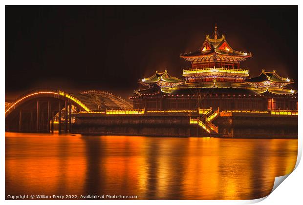 Temple Night Reflection Jinming Lake Kaifeng Henan China Print by William Perry