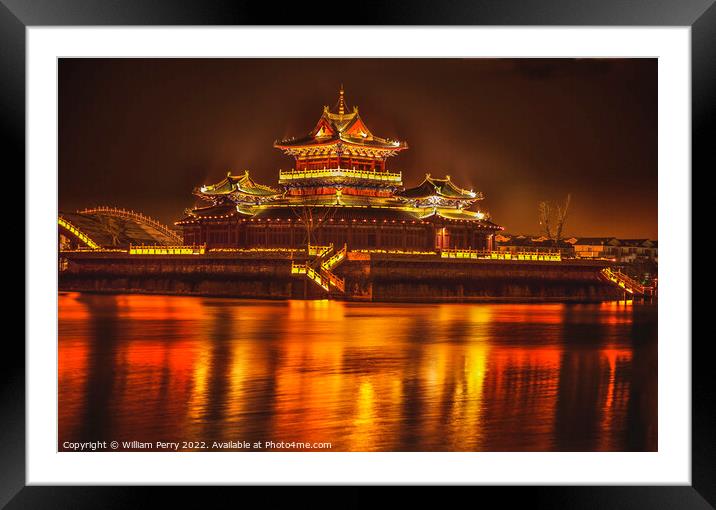 Temple Night Reflection Jinming Lake Kaifeng Henan China Framed Mounted Print by William Perry