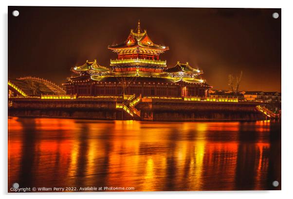 Temple Night Reflection Jinming Lake Kaifeng Henan China Acrylic by William Perry
