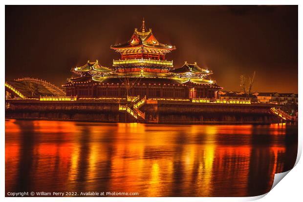 Temple Night Reflection Jinming Lake Kaifeng Henan China Print by William Perry