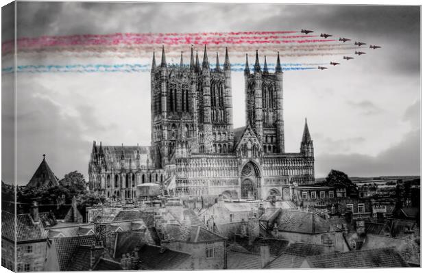 Red Arrows Lincoln Cathedral Flypast  Canvas Print by J Biggadike