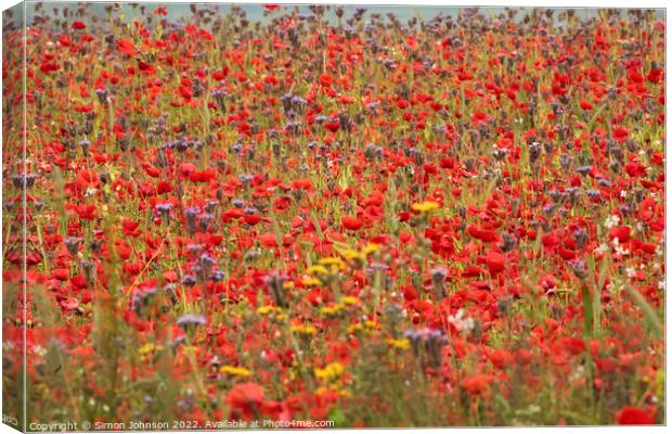 poppy field and meadow flowers Canvas Print by Simon Johnson