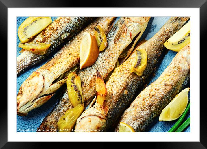 Yummy pelengas fish fried with lime and kiwi. Framed Mounted Print by Mykola Lunov Mykola