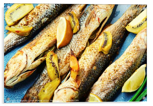 Yummy pelengas fish fried with lime and kiwi. Acrylic by Mykola Lunov Mykola