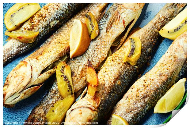 Yummy pelengas fish fried with lime and kiwi. Print by Mykola Lunov Mykola