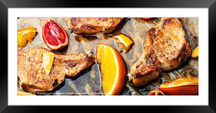 Meat steak fried with citrus fruits. Framed Mounted Print by Mykola Lunov Mykola