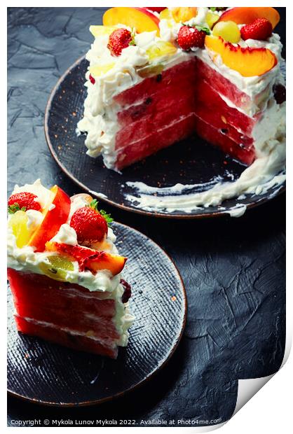 Colorful symbolic cake with watermelon and berries. Print by Mykola Lunov Mykola
