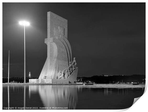 Padrao dos Descobrimentos view at night in Lisbon Print by Angelo DeVal