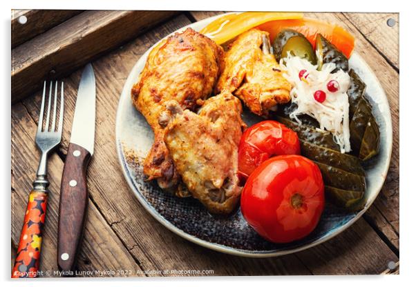 Tasty grilled chicken and pickles. Acrylic by Mykola Lunov Mykola