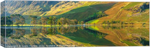 Buttermere reflections panorama, Lake District Canvas Print by Justin Foulkes