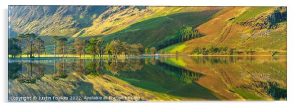 Buttermere reflections panorama, Lake District Acrylic by Justin Foulkes