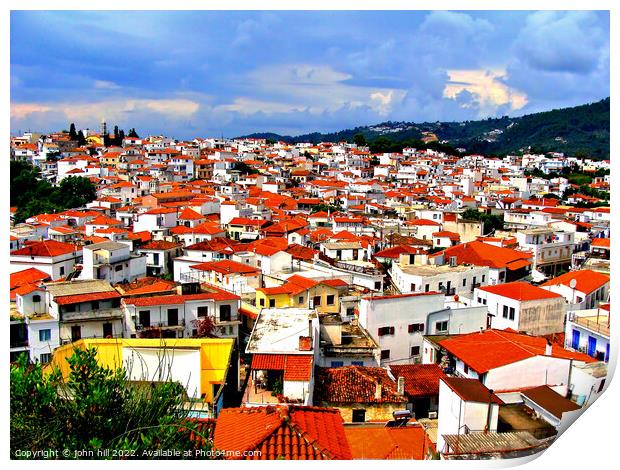 Red and white of Skiathos town, Greece. Print by john hill