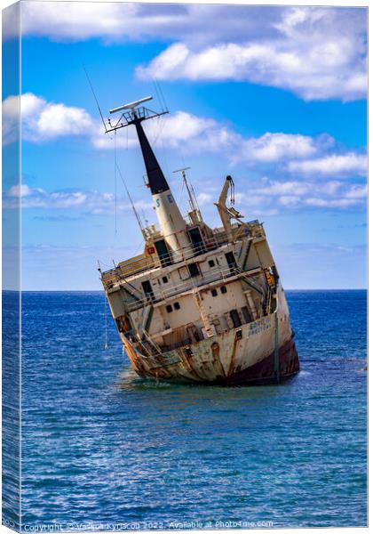 Ship run aground in the Mediterranean off the coas Canvas Print by Vassos Kyriacou