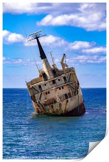 Ship run aground in the Mediterranean off the coas Print by Vassos Kyriacou