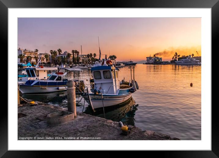 Sunrise over the harbour with smoke from funnel of ferry ship, K Framed Mounted Print by Kevin Hellon