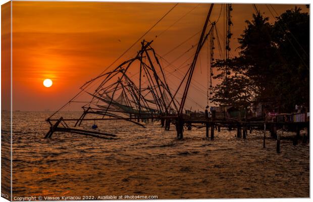 Red Sunset over Cochin Fishing Nets in India Canvas Print by Vassos Kyriacou