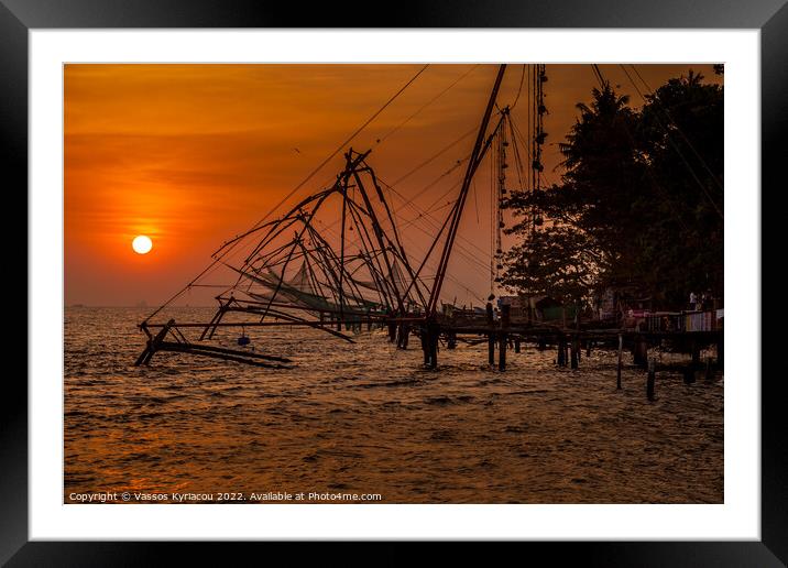 Red Sunset over Cochin Fishing Nets in India Framed Mounted Print by Vassos Kyriacou