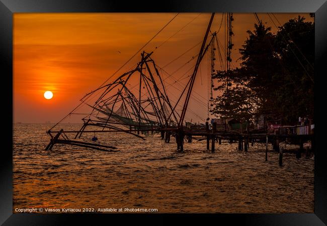 Red Sunset over Cochin Fishing Nets in India Framed Print by Vassos Kyriacou