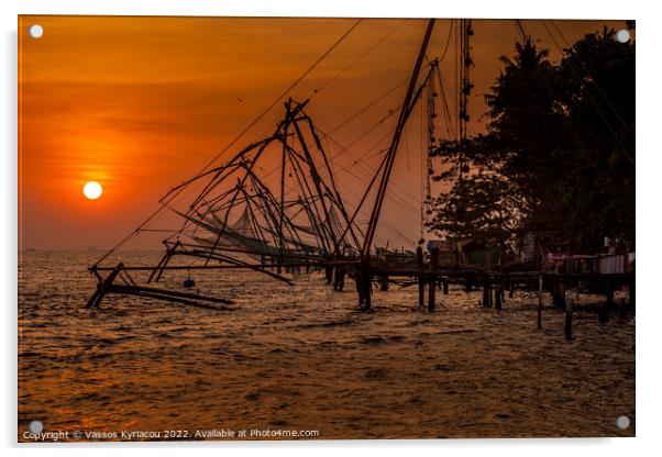 Red Sunset over Cochin Fishing Nets in India Acrylic by Vassos Kyriacou