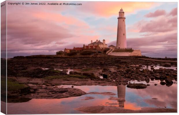 St Mary's Island in pink and blue Canvas Print by Jim Jones