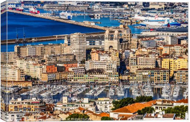 Cityscape Harbors Ships Cathedral Apartment Buildings Marseille  Canvas Print by William Perry