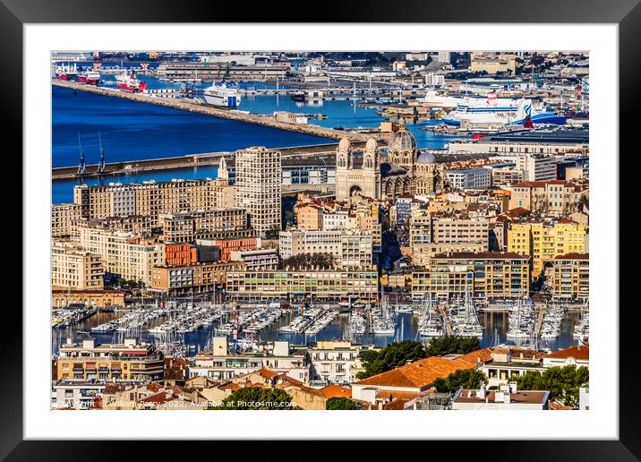 Cityscape Harbors Ships Cathedral Apartment Buildings Marseille  Framed Mounted Print by William Perry