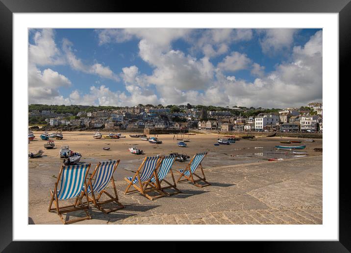 st ives, beach cornwall,deckchairs Framed Mounted Print by kathy white