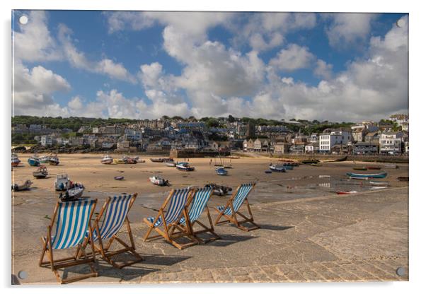 st ives, beach cornwall,deckchairs Acrylic by kathy white