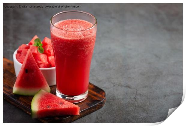 Cold watermelon smoothie on dark background Print by Stan Lihai