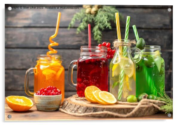 organic fresh juices in bottles served with straws Acrylic by Stan Lihai