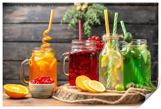 organic fresh juices in bottles served with straws Print by Stan Lihai