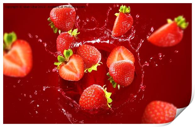 Strawberry falling into the lot of juice Print by Stan Lihai