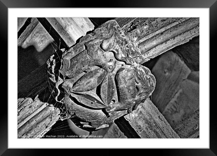 Three Hares Trinity Carved on Church Ceiling Boss Framed Mounted Print by Roger Mechan