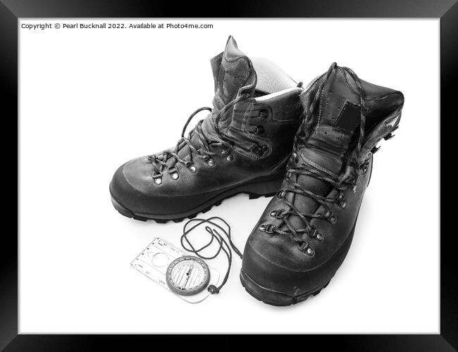 Hiking Boots and Compass Black and White Framed Print by Pearl Bucknall