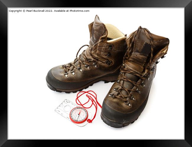 Hiking Boots and Compass Framed Print by Pearl Bucknall
