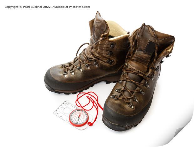 Hiking Boots and Compass Print by Pearl Bucknall