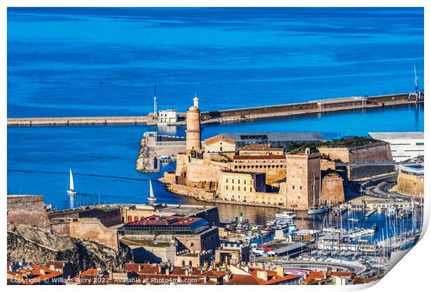 Fort Cityscape Harbors Sailboats Buildings Marseille France Print by William Perry