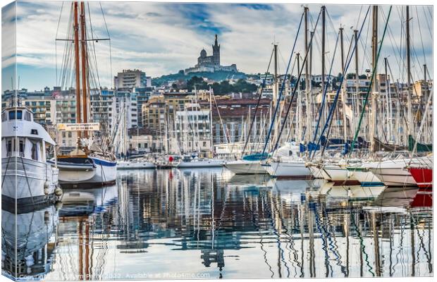 Yachts Boats Waterfront Reflection Church Marseille France Canvas Print by William Perry