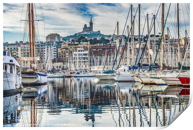 Yachts Boats Waterfront Reflection Church Marseille France Print by William Perry