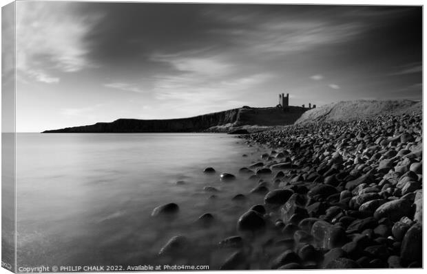 Dunstanburgh castle on the Northumberland coast black and white 734 Canvas Print by PHILIP CHALK