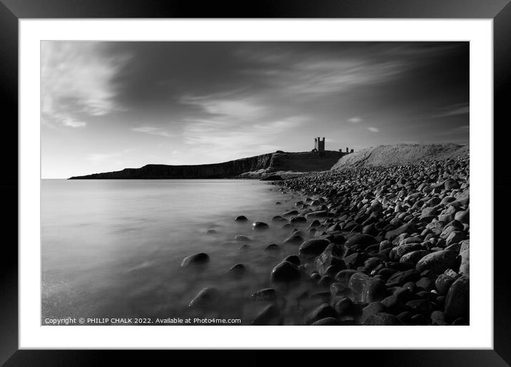 Dunstanburgh castle on the Northumberland coast black and white 734 Framed Mounted Print by PHILIP CHALK