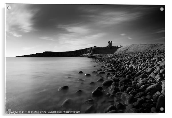 Dunstanburgh castle on the Northumberland coast black and white 734 Acrylic by PHILIP CHALK