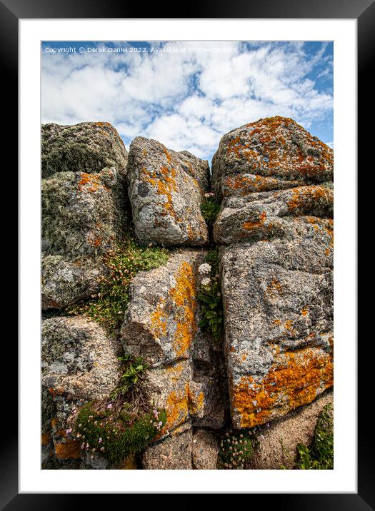 Lichen covered rocks Lands End, Cornwall  Framed Mounted Print by Derek Daniel