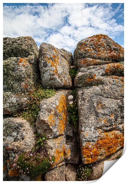 Lichen covered rocks Lands End, Cornwall  Print by Derek Daniel