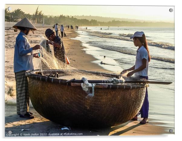 Folding the nets, Mui Ne, Vietnam Acrylic by Kevin Hellon