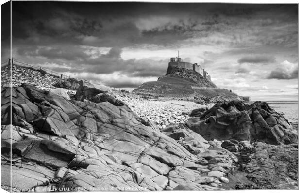 Holy island castle Lindisfarne black and white 736 Canvas Print by PHILIP CHALK
